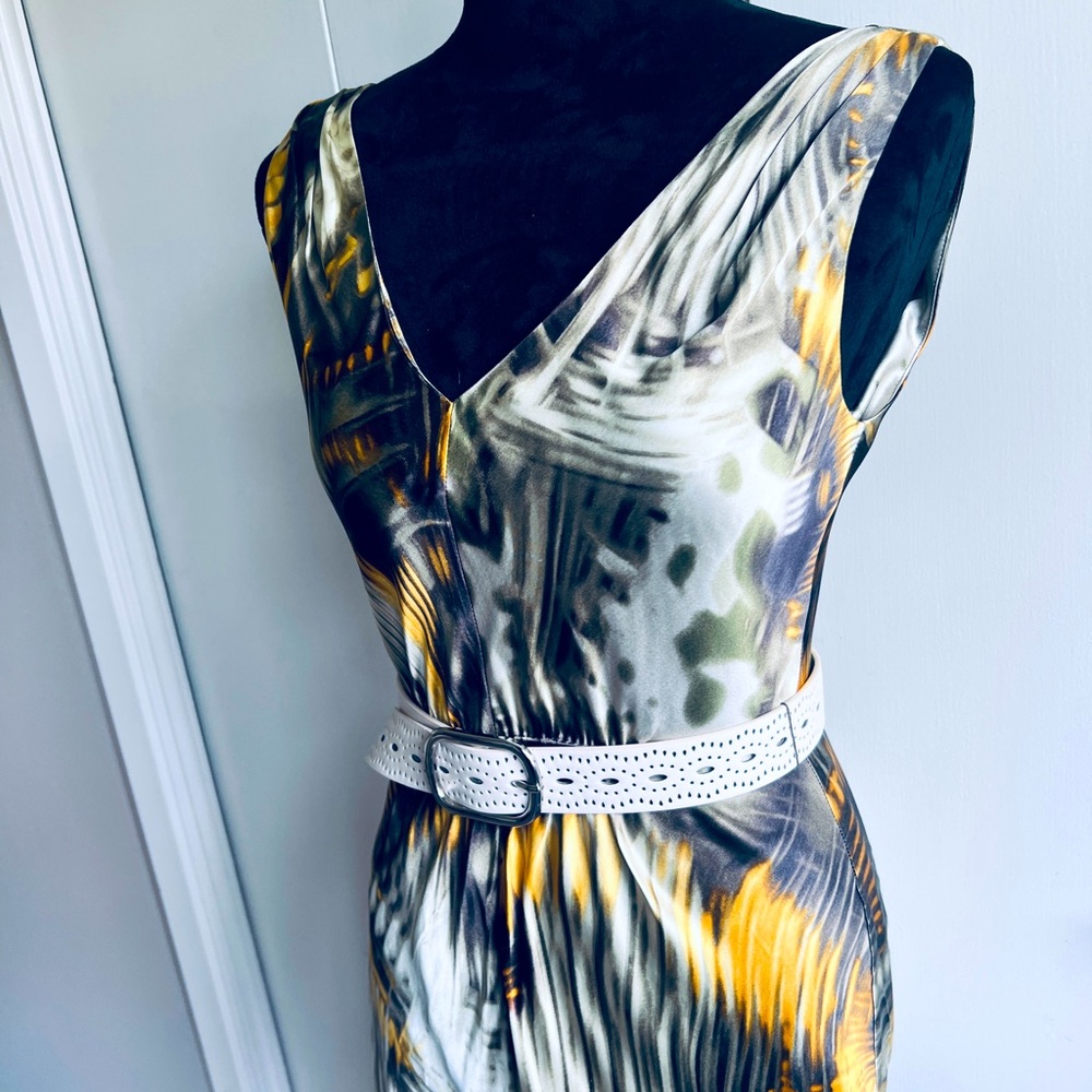 Womens Etcetera sleeveless V-neck Green yellow Watercolor 100%Silk Dress Sz 4